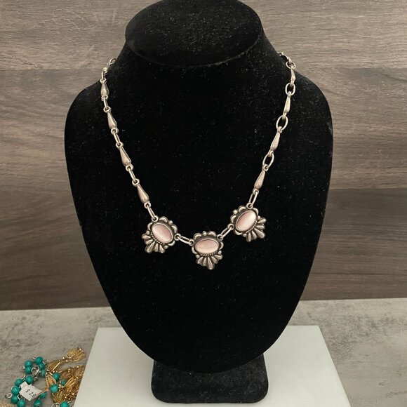 Vintage Mexico GC80 Sterling Silver Pink Mother of Pearl Stations Necklace 19" - Picture 3 of 10